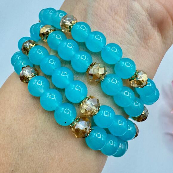 Blue Glass Bead Stretch Bracelet Stack Of 4 Champagne Crystals One Size Fits All - Picture 5 of 6